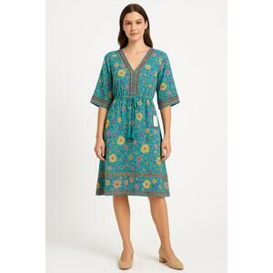 Westward Leaning Floral Teal Midi Dress